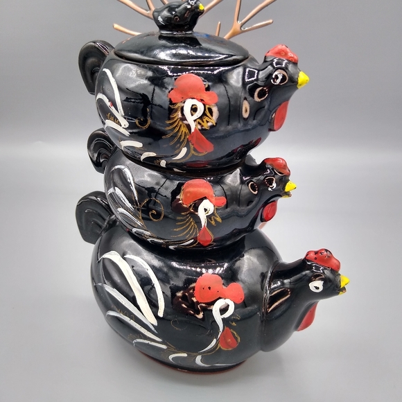 Stacking Redware Chicken Teapot Set Cream Sugar - Picture 3 of 16